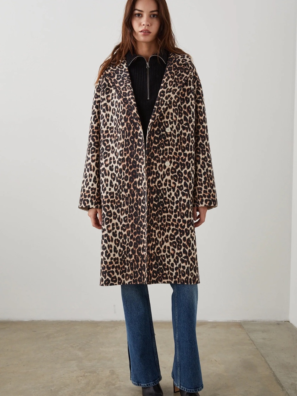 Leopard Print Long Women's Coat - Beige Black